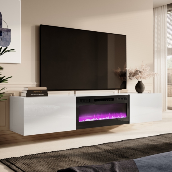 Zwevend Tv-meubel Slide 200 cm breed hoogglans wit met zwart sfeerhaard