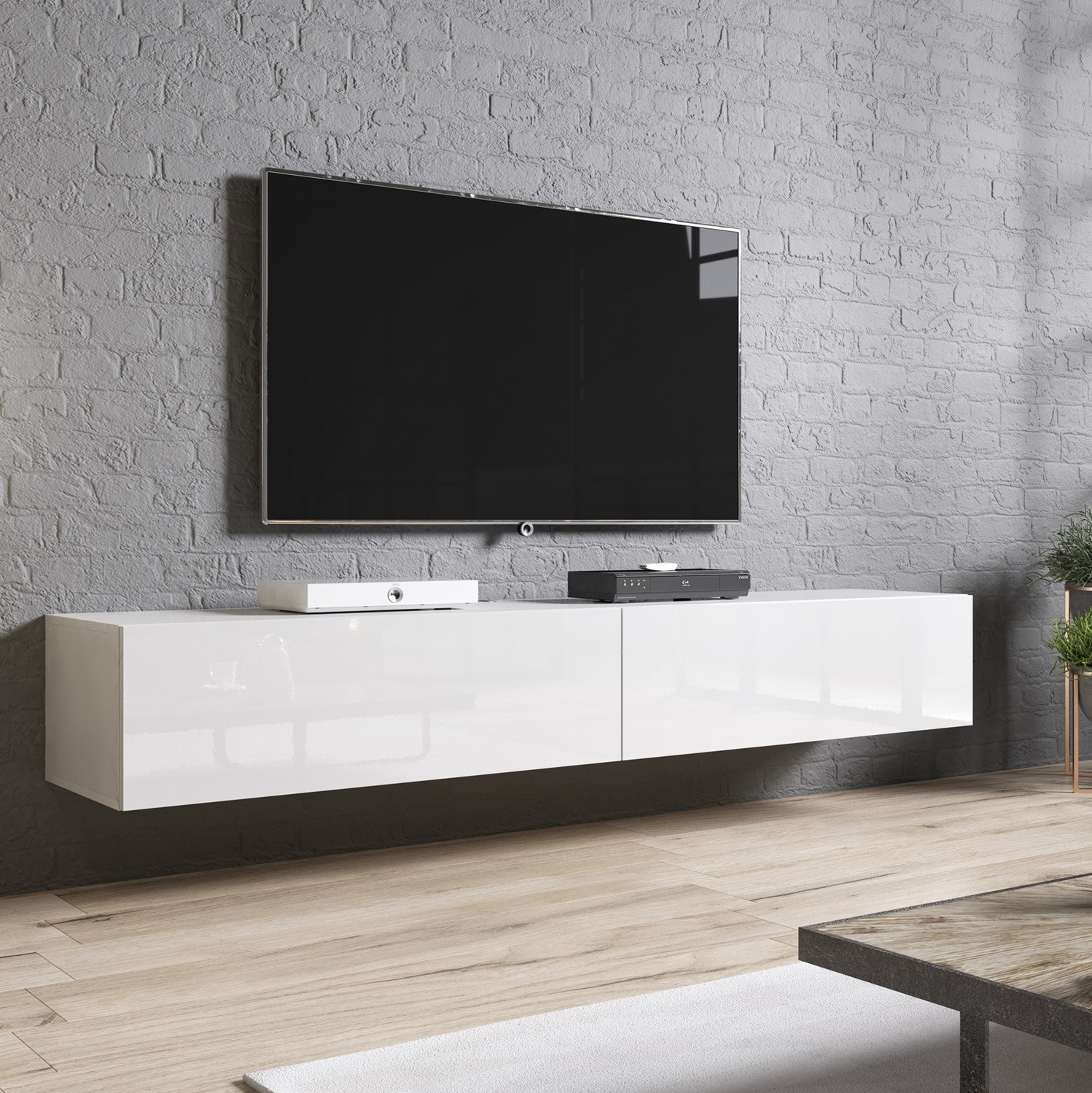 Zwevend Tv-meubel Slide 2D 200 cm breed hoogglans wit