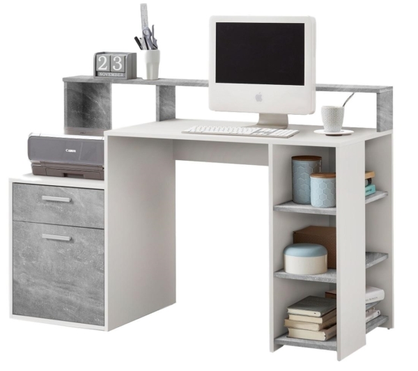 Bureau Bolton 138 breed in wit met grijs beton