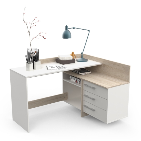 Hoekbureau Thales 129 cm breed wit met eiken