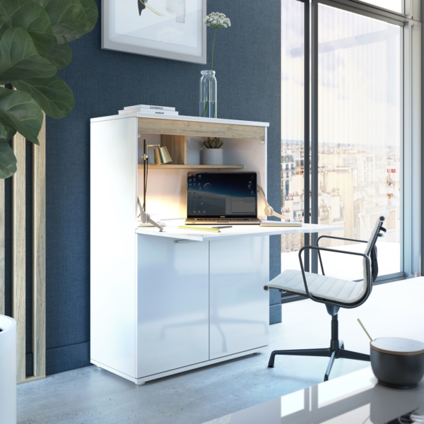 Secretaire bureau Dayana 90 Cm breed hoogglans wit met eiken