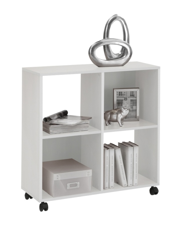Witte Verrijdbare Vakkenkast - 4 Vakken - Trolley Bijzetkast