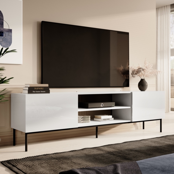 Tv-meubel Slide 200 cm breed hoogglans wit met zwarte poten