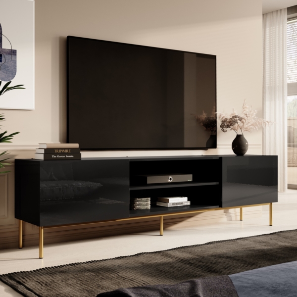 Tv-meubel Slide 200 cm breed hoogglans zwart met goude poten