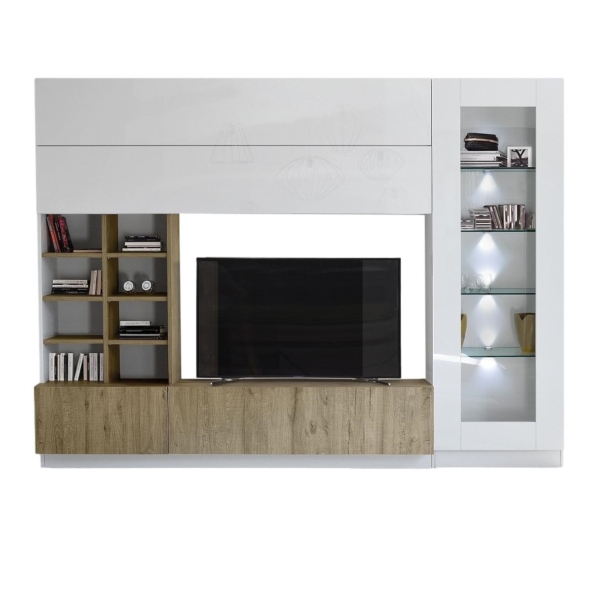 Tv-wandmeubel Line 280 cm breed in hoogglans wit met eiken