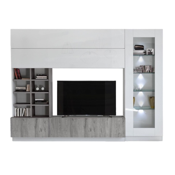 Tv-wandmeubel Line 280 cm breed in hoogglans wit met grijs eiken