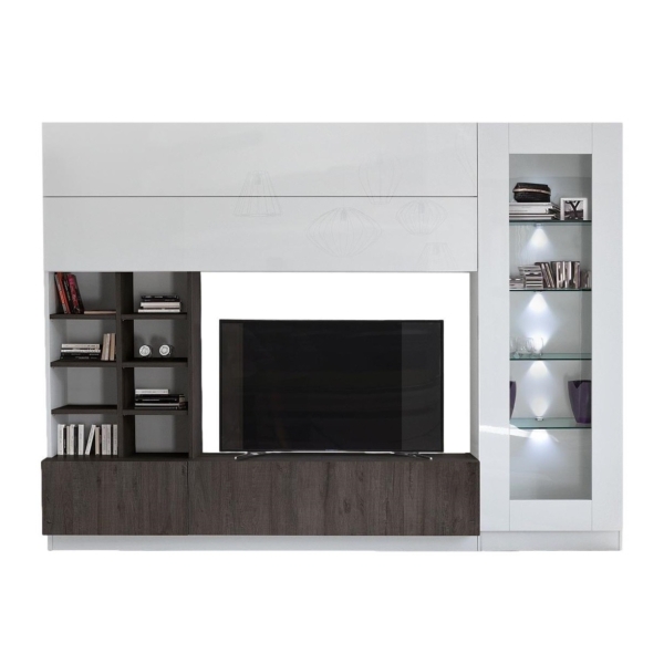 Tv-wandmeubel Line 280 cm breed in hoogglans wit met wenge eiken