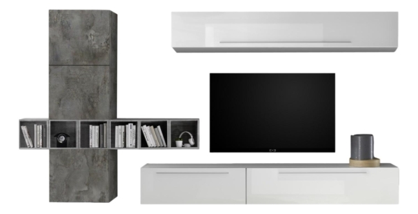 TV-wandmeubel set Bonbon in hoogglans wit en Oxid met grijs beton
