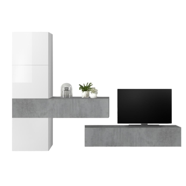TV-wandmeubel Bruno in hoogglans wit met grijs beton