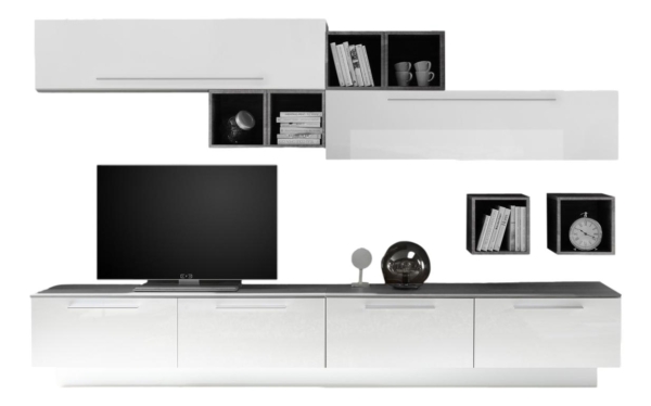 TV-wandmeubel set Fleur in hoogglans wit met grijs beton