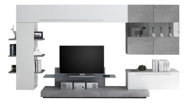 TV-wandmeubel set Harley in hoogglans wit met grijs beton