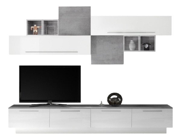 TV-wandmeubel set Helsing in hoogglans wit met grijs beton