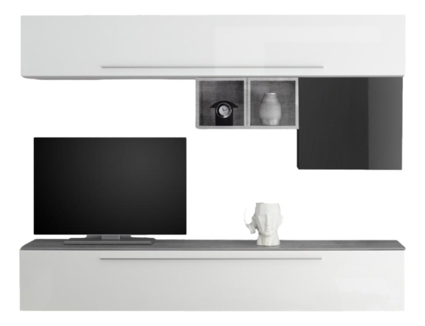 TV-wandmeubel set Miami in hoogglans wit en grijs met grijs beton