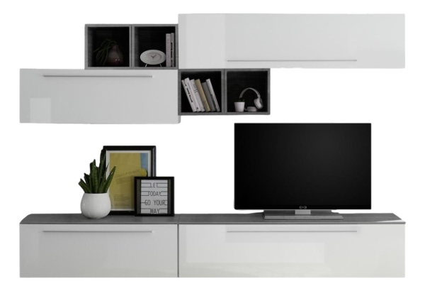TV-wandmeubel set Moon in hoogglans wit met grijs beton