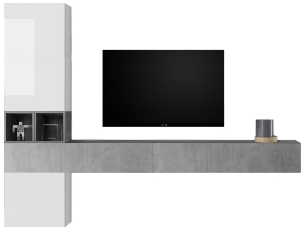 TV-wandmeubel Berlin in hoogglans wit met grijs beton