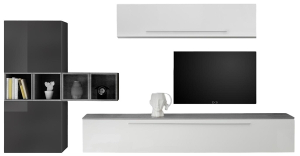 TV-wandmeubel set Kevin in hoogglans wit en grijs met grijs beton