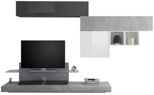 TV-wandmeubel set Mistro in hoogglans wit/grijs beton/hoogglans grijs