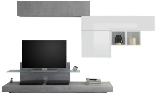 TV-wandmeubel set Mistro in hoogglans wit met grijs beton