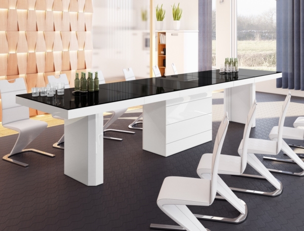 Uitschuifbare eettafel Kolos 160 tot 412 cm breed in hoogglans zwart met wit
