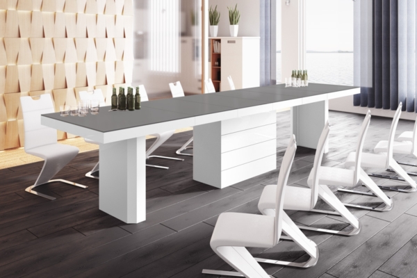 Uitschuifbare eettafel Kolos 160 tot 412 cm breed in mat grijs met wit