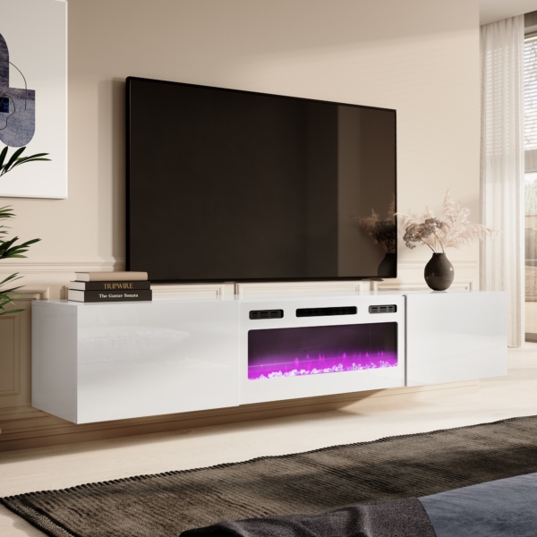 Zwevend Tv-meubel Slide 200 cm breed hoogglans wit met wit sfeerhaard