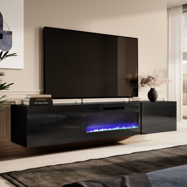 Zwevend Tv-meubel Slide 200 cm breed hoogglans zwart met sfeerhaard